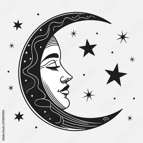 “Minimal Crescent Moon and Stars Vector Illustration