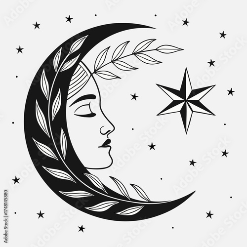 “Minimal Crescent Moon and Stars Vector Illustration