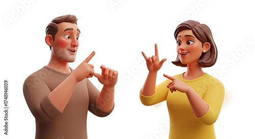 3D illustration of a diverse couple communicating through sign language, promoting inclusion and understanding