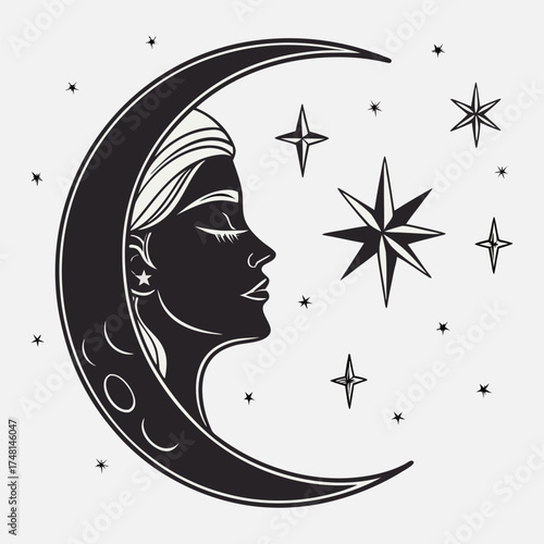 “Minimal Crescent Moon and Stars Vector Illustration