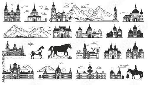 Vector Line Art Collection of Architectural Landmarks, Horses, and Mountain Views