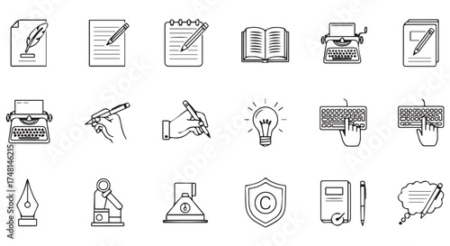 Collection of writing and copyright icons, including typewriters, pens, books, and legal symbols, isolated on transparent background