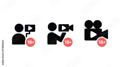 Set of adult content icons depicting a person with a video player and a camera simple flat vector design element isolated on white background