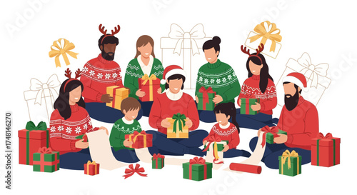 Diverse family celebrating Christmas together while exchanging and opening gifts with joy
