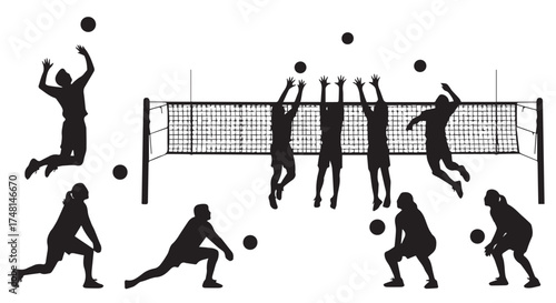 Silhouette of volleyball players in action during a game, showing serves, spikes, and blocks over the net, isolated on transparent background