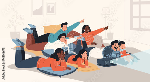 Diverse friends enjoying movie night together on a projector in a cozy and bright home setting