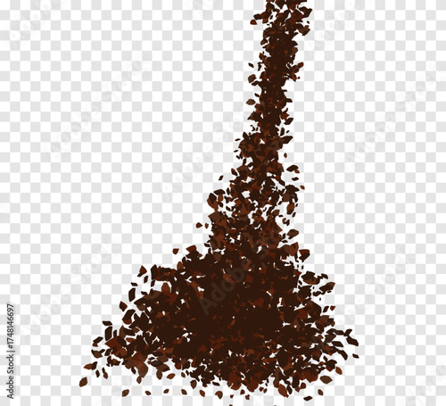 A flying crystals of coffee or chocolate. Ground coffee or cocoa beans. Realistic vector illustration isolated on transparent background.