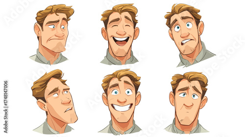 Cartoon Man Faces: Happy, Smiling, Laughing, Sad Expressions Vector Illustration
