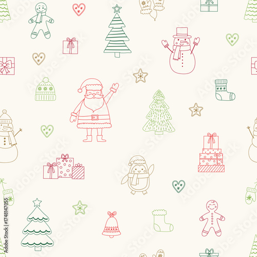 Christmas seamless pattern. Cute holiday background with cartoon ornaments. Vector illustration