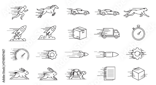 Dynamic collection of speed and motion icons isolated on transparent background