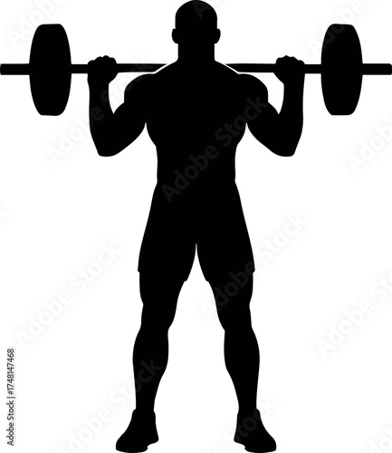 Vector silhouette of a muscular man performing a barbell squat in a weightlifting gym