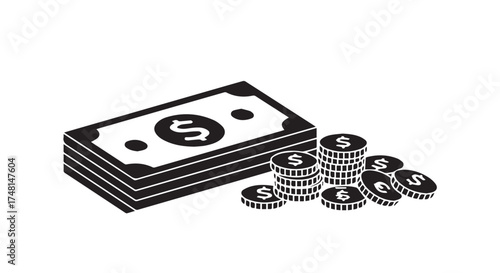 Money Icon Stack of Dollar Bills and Coins, Black and White Financial Illustration