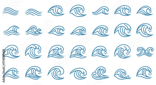 Collection of stylized blue wave icons and illustrations, isolated on transparent background