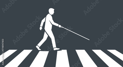 Blind person crossing street with white cane on zebra crossing.