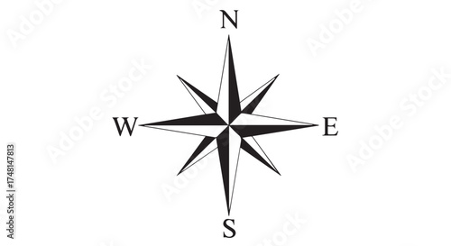 Black and white compass rose illustrating cardinal directions north, south, east, and west isolated on transparent background