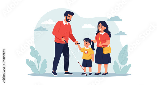 A father and mother walking with their visually impaired daughter who is using a white cane.
