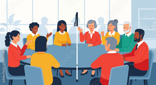 A diverse group of people engaged in a collaborative meeting around a circular table.