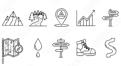 Set of black and white icons depicting hiking and travel elements, isolated on transparent background