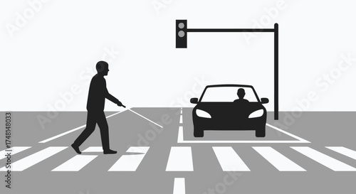 Silhouette of a blind pedestrian crossing a zebra crossing with a white cane as a car waits at a red traffic light.