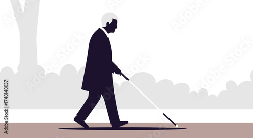 Silhouette illustration of a blind man walking with a white cane on a sidewalk, with trees in the background.