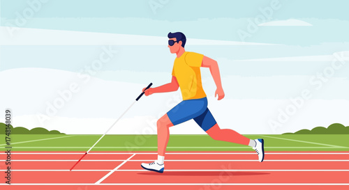 A visually impaired male athlete runs on a track, using a cane for guidance, against a backdrop of green fields and a clear sky.