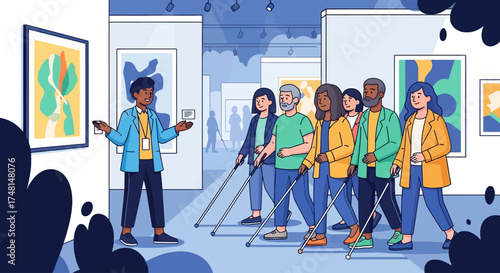 A diverse group of visually impaired individuals and others on a guided tour in a modern art gallery, with a male guide explaining an abstract painting.