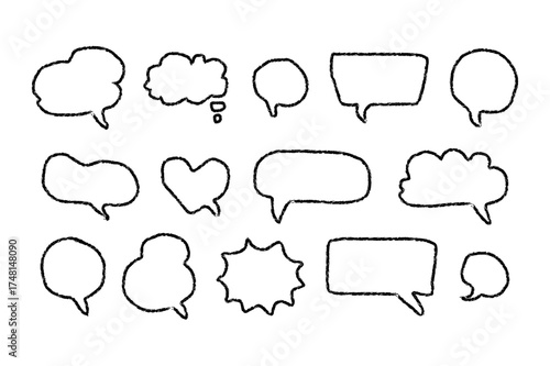 Crayon Talk Speech Balloon Frame Doodle Vector. Hand Drawn Chalk Texture Speech Bubble Set on White Background