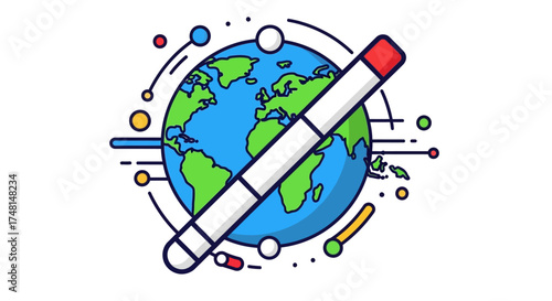 Illustration of a pencil crossing the globe, representing global education and creativity.