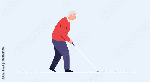 An elderly visually impaired man walking with a white cane, navigating his path with assistance.