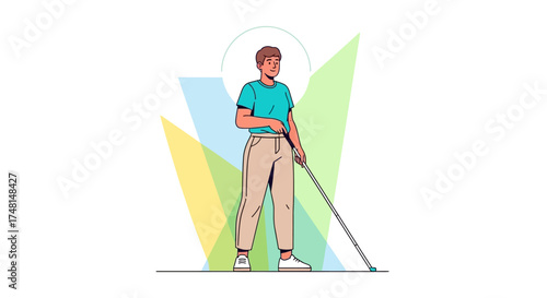 A young visually impaired person standing with a long white cane, representing independence and accessibility.