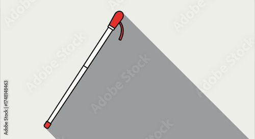 A flat design vector illustration of a white mobility cane for the blind, casting a long shadow.