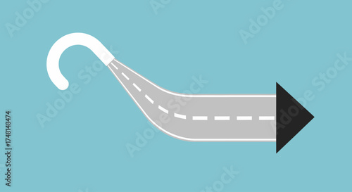 A graphic illustration of a white hook transitioning into a grey road with a dashed line, ending in a black arrow pointing right on a blue background.
