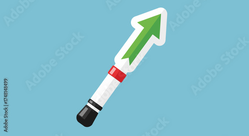 A stylized graphic of a white and black rocket with a red band, launching upwards with a vibrant green arrow indicating progress and growth against a clear blue background.