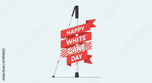 Happy White Cane Day banner wrapped around a white cane on a light background.