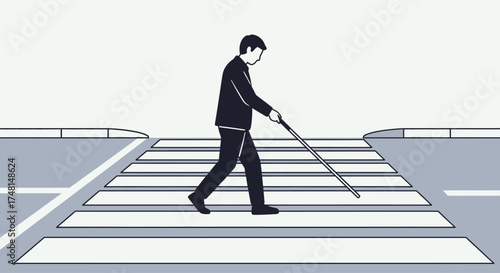 A person with a walking stick crossing a pedestrian crosswalk on a street.