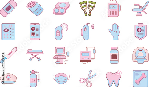 Modern Flat Medical and Healthcare Icon Collection in Soft Pink and Blue Colors – Hospital and Clinic Equipment, Doctor and Nurse Tools, Health Devices, Pharmacy Symbols, Emergency Kit, Vaccine Bottle
