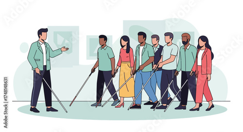 Group of blind people being guided through an art gallery.