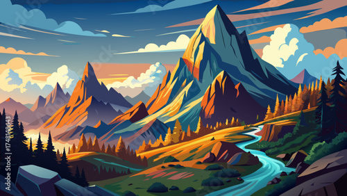 Very beautiful Whiteside Mountain in North Carolina, USA, vector-style composition highlighting steep cliffs, misty skies, and the majestic beauty of the Appalachian landscape.