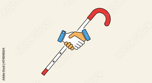 Illustration of a handshake on a walking cane symbolizing support and partnership.