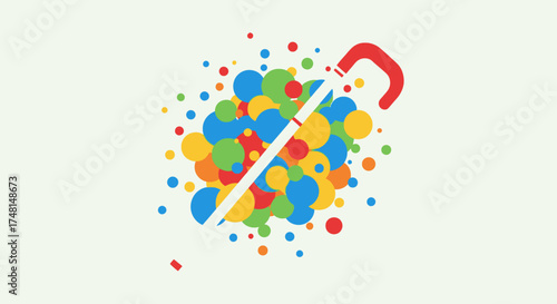 Stylized illustration of a red magnet attracting a vibrant burst of colorful circles, with a diagonal white line across the composition.