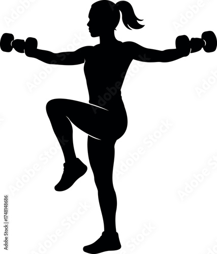 Vector silhouette of a woman doing a standing knee raise with dumbbells in her hands