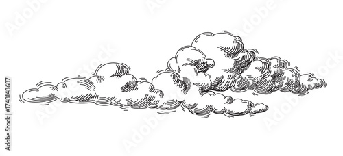 Set of clouds in hand drawn vintage retro style isolated on white background. Cartoon design elements. Vector illustration.