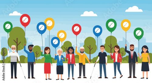 Diverse group of people with balloons and canes in a city park.