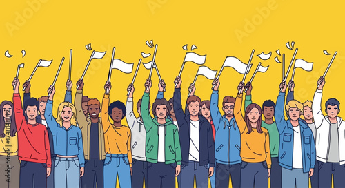 Diverse group of young people raising white flags in a protest or demonstration against a yellow background, symbolizing unity and a call for change.
