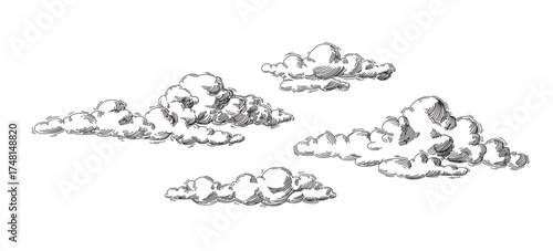 Set of clouds in hand drawn vintage retro style isolated on white background. Cartoon design elements. Vector illustration.