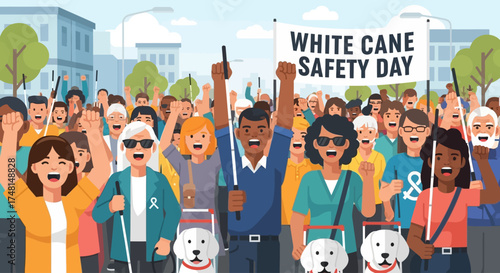 Illustration of a diverse group of people celebrating White Cane Safety Day, promoting awareness.