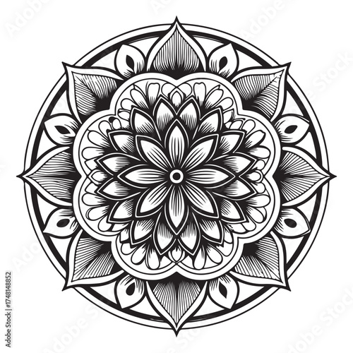 Detailed mandala illustration isolated on white background with symmetrical flower and leaf elements in a circular arrangement and bold black lines