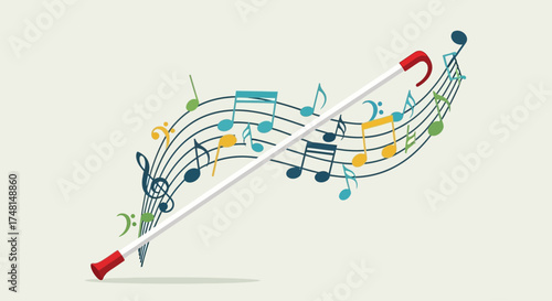 Conductor's baton resting on a swirling musical staff with colorful notes.