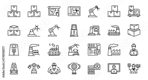 Collection of industrial automation and manufacturing icons isolated on transparent background