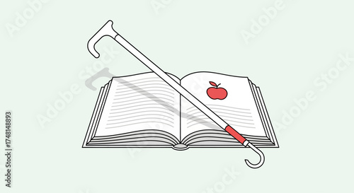 Illustration of an open book with an apple and a cane, suggesting knowledge and guidance.